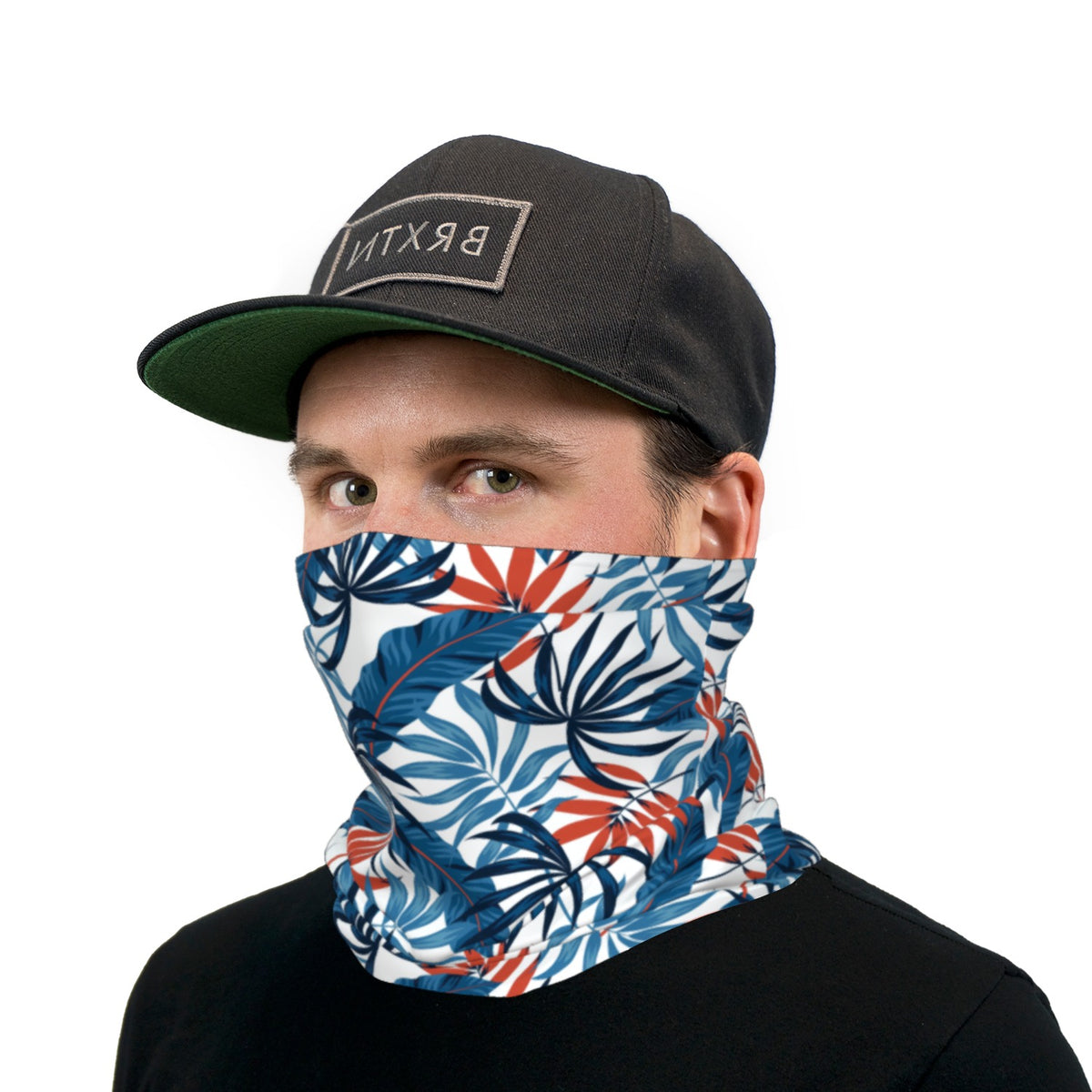Blue Orange And White Tropical Leaves Neck Gaiter Face Mask