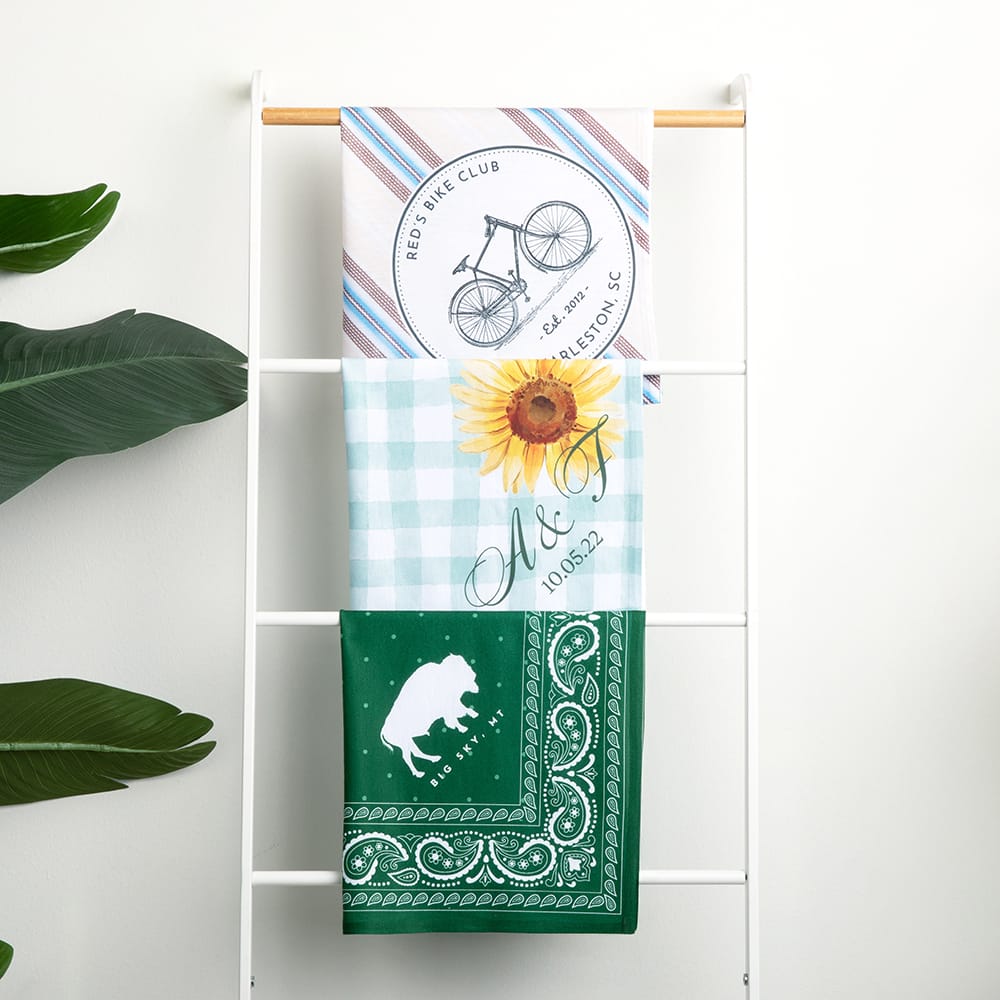 Custom bandanas hanging on a rack