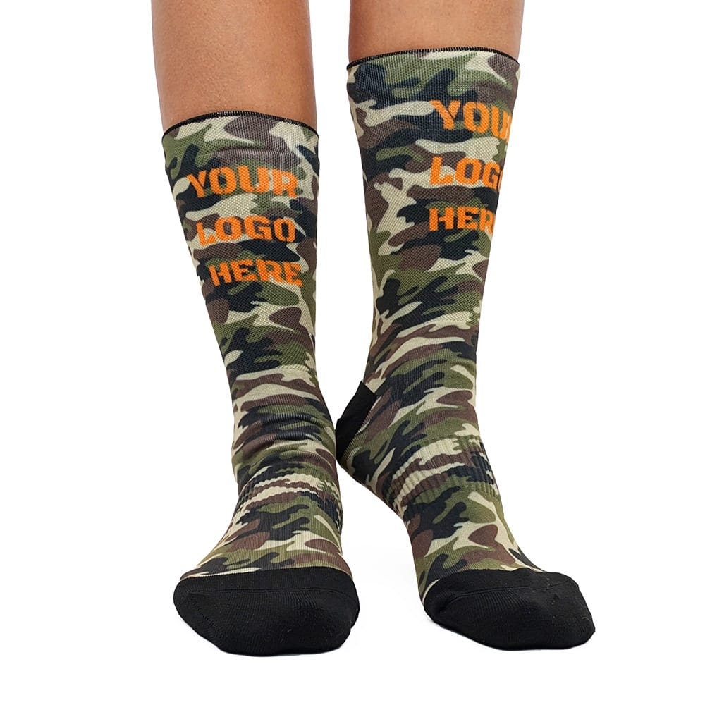 Camouflage patterned socks with orange 'Your Logo Here Text'