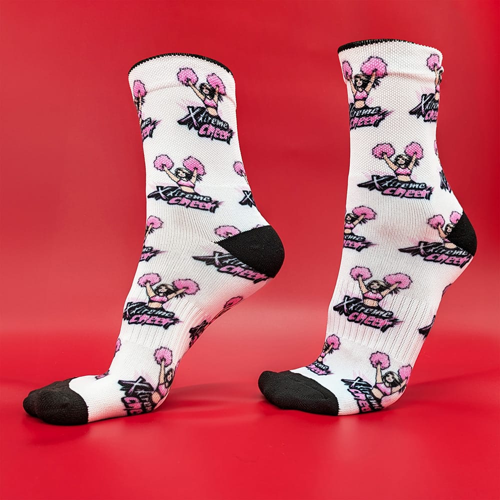 Custom cheer socks on a red background