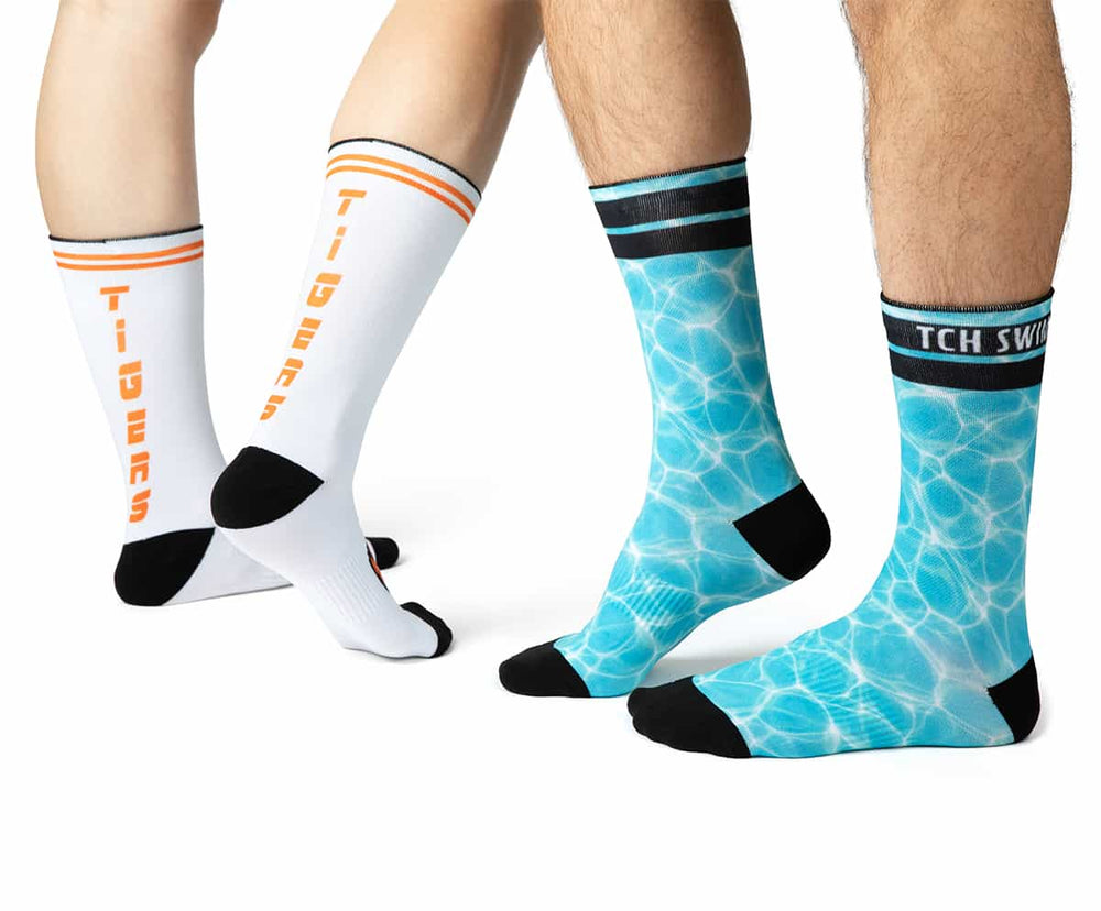 Two people wearing matching custom socks
