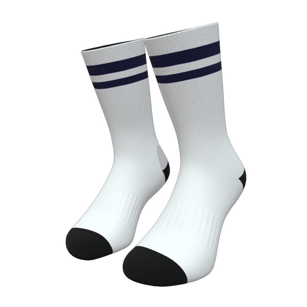 White and Navy Blue Two Stripe Athletic Crew Socks