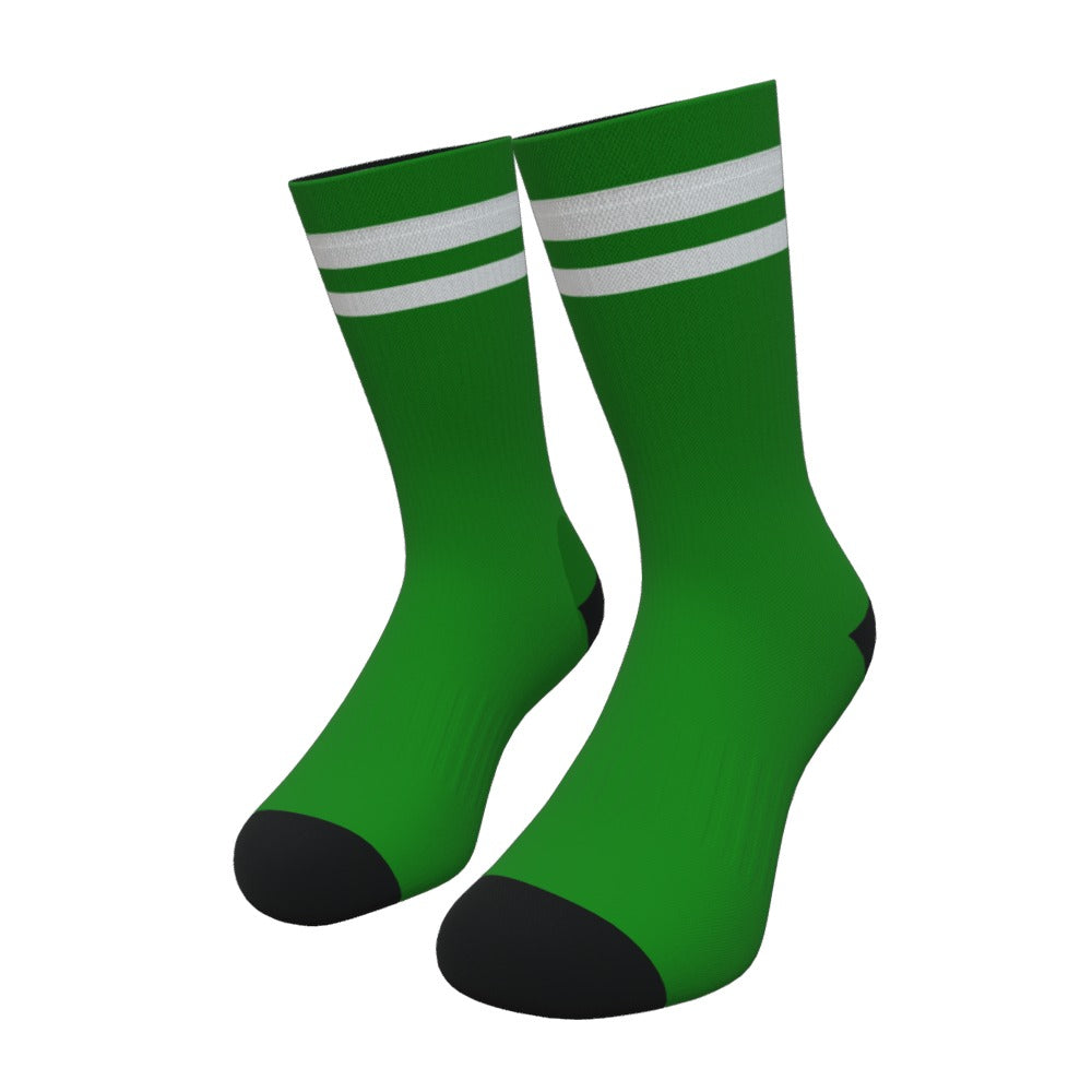 Green and White Two Stripe Athletic Crew Socks