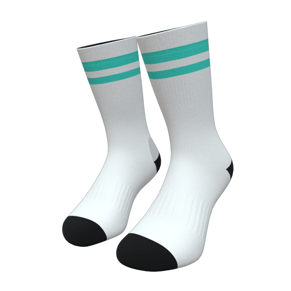 White and Turquoise Two Stripe Athletic Crew Socks