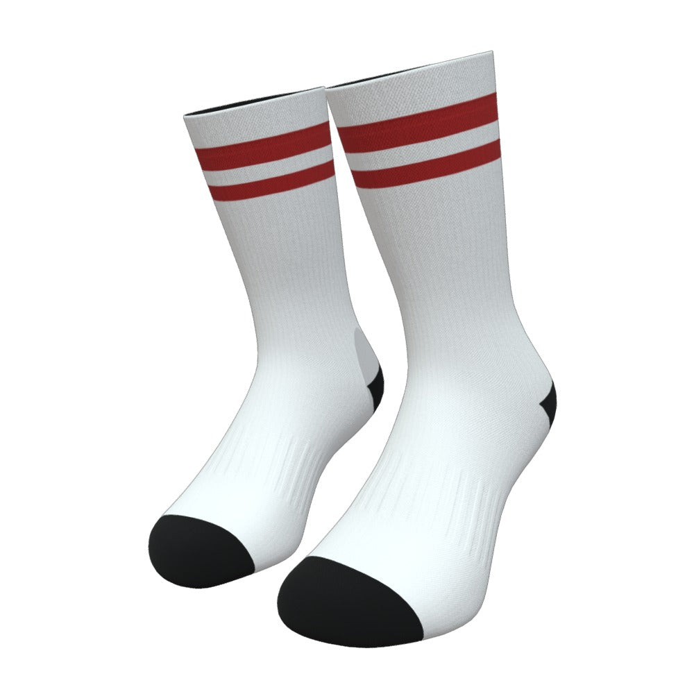 White and Dark Red Stripe Athletic Crew Socks