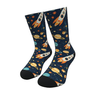 Dark Blue Spaceships and Stars Socks