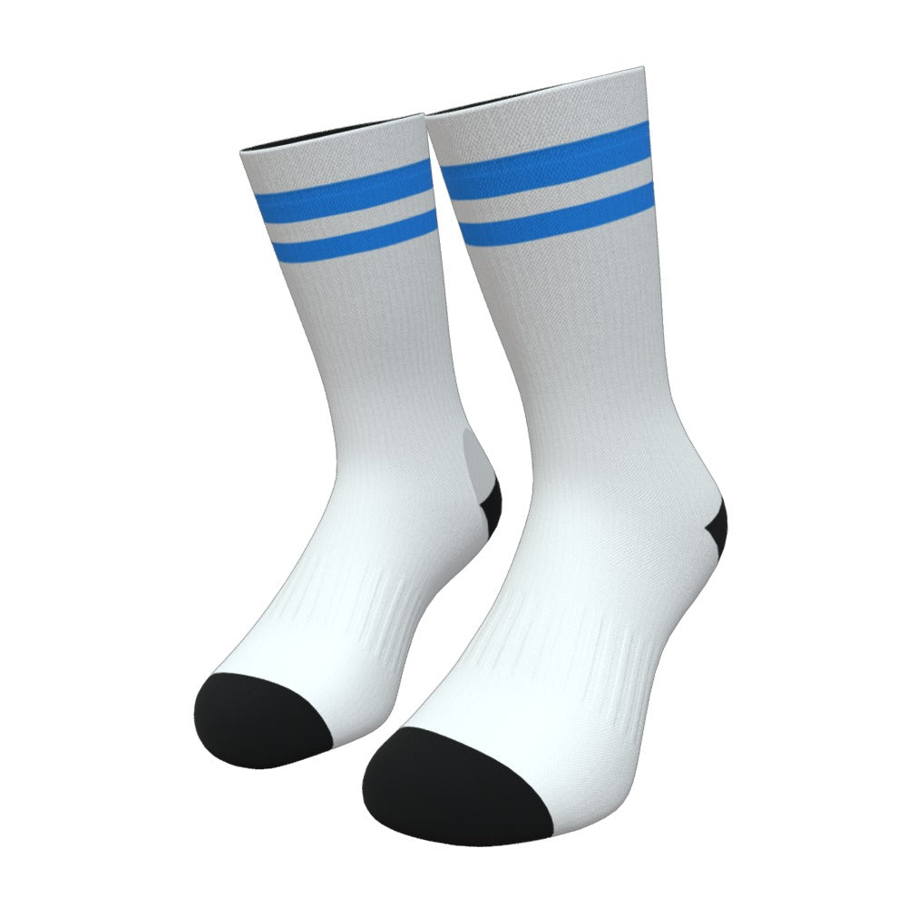 White and Light Blue Two Stripe Athletic Crew Socks