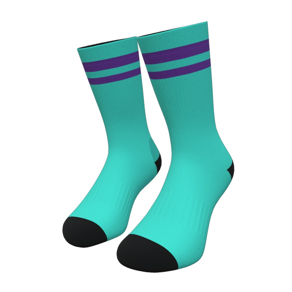 Turquoise and Purple Two Stripe Athletic Crew Socks