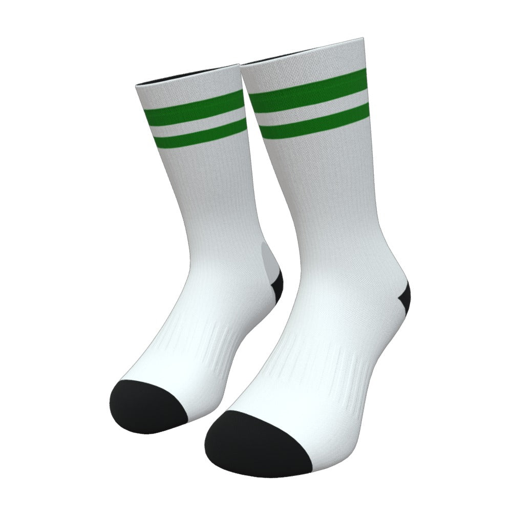 White and Green Two Stripe Athletic Crew Socks