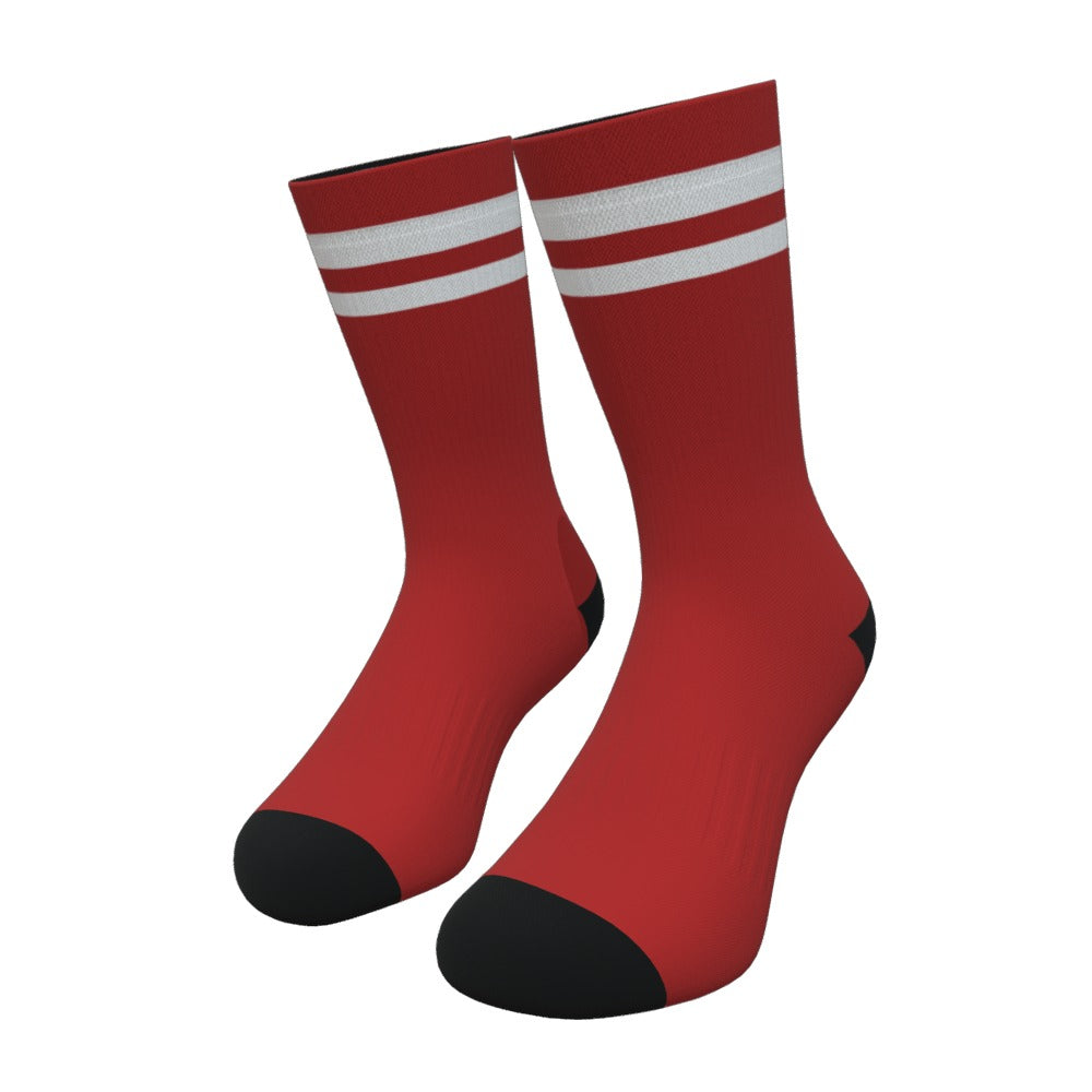 Dark Red and White Two Stripe Athletic Crew Socks