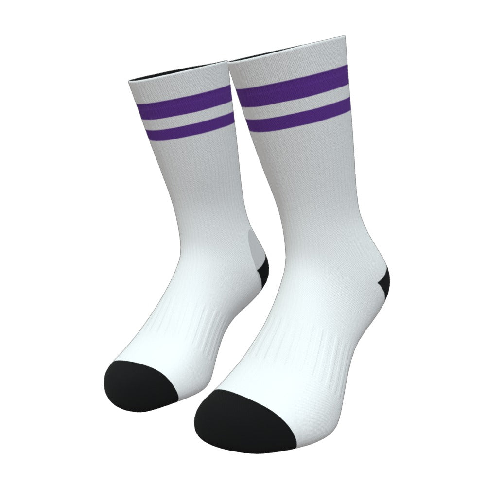 White and Purple Two Stripe Athletic Crew Socks