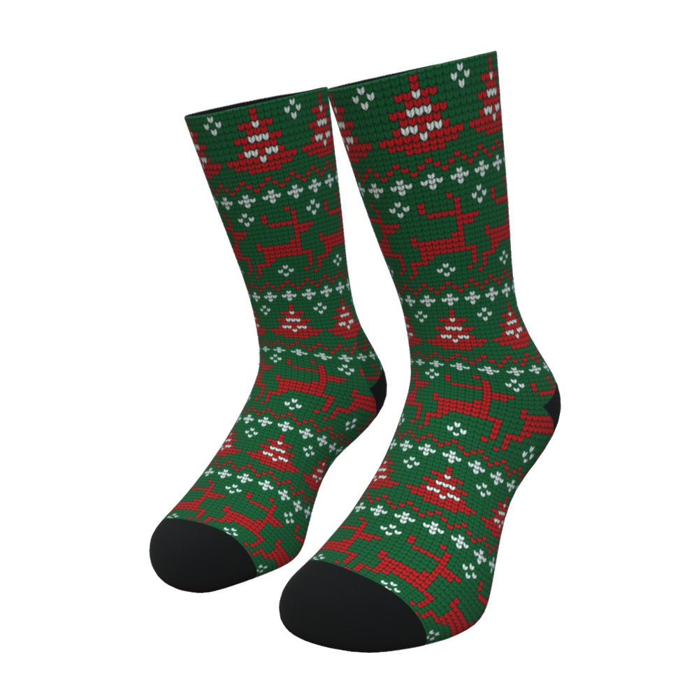 Green Red and White Reindeer Christmas Sweater Socks