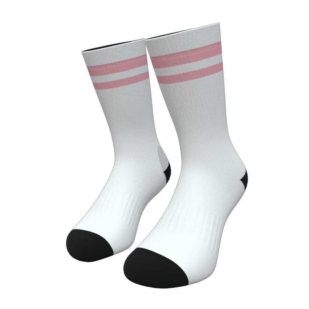 White and Coral Two Stripe Athletic Crew Socks