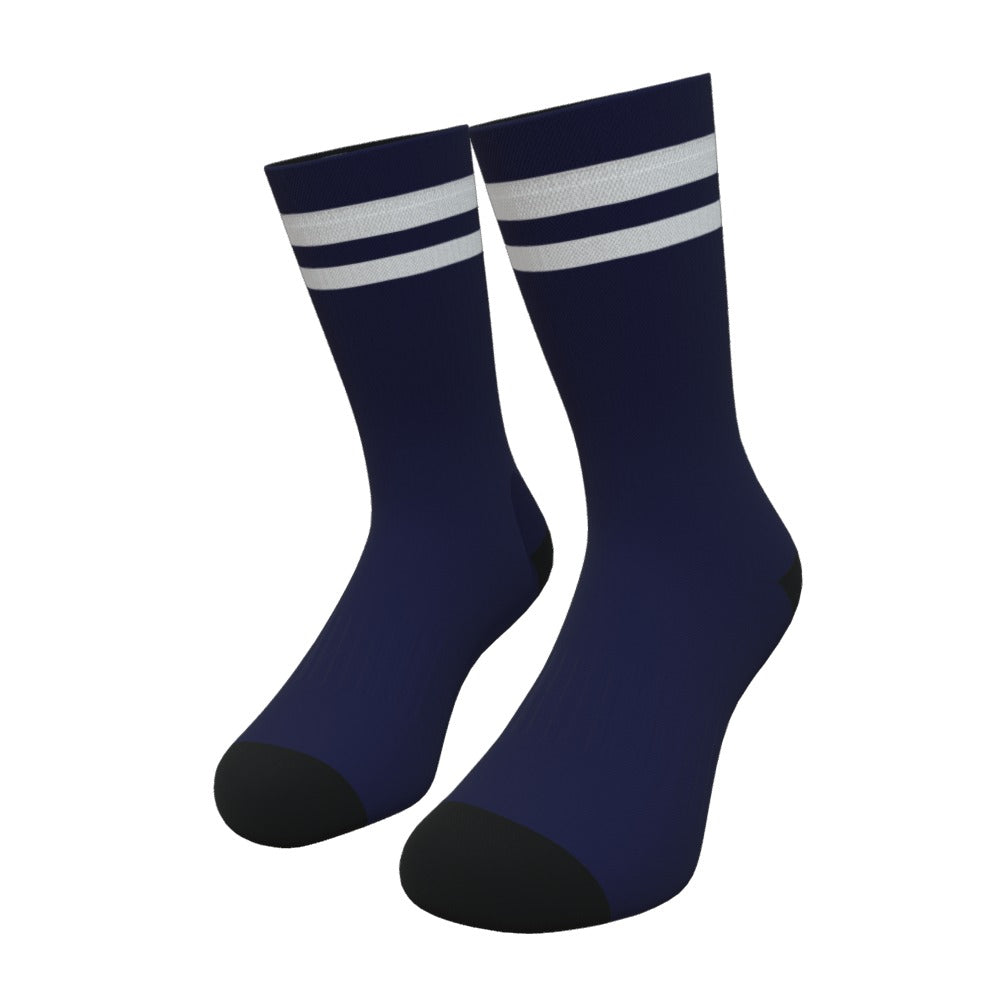 Navy Blue and White Two Stripe Athletic Crew Socks