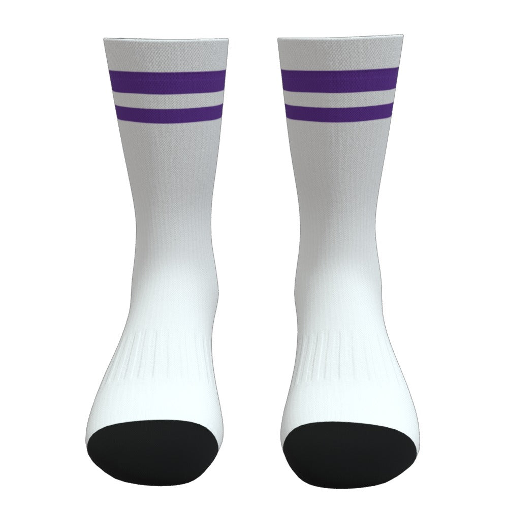 White and Purple Two Stripe Athletic Crew Socks