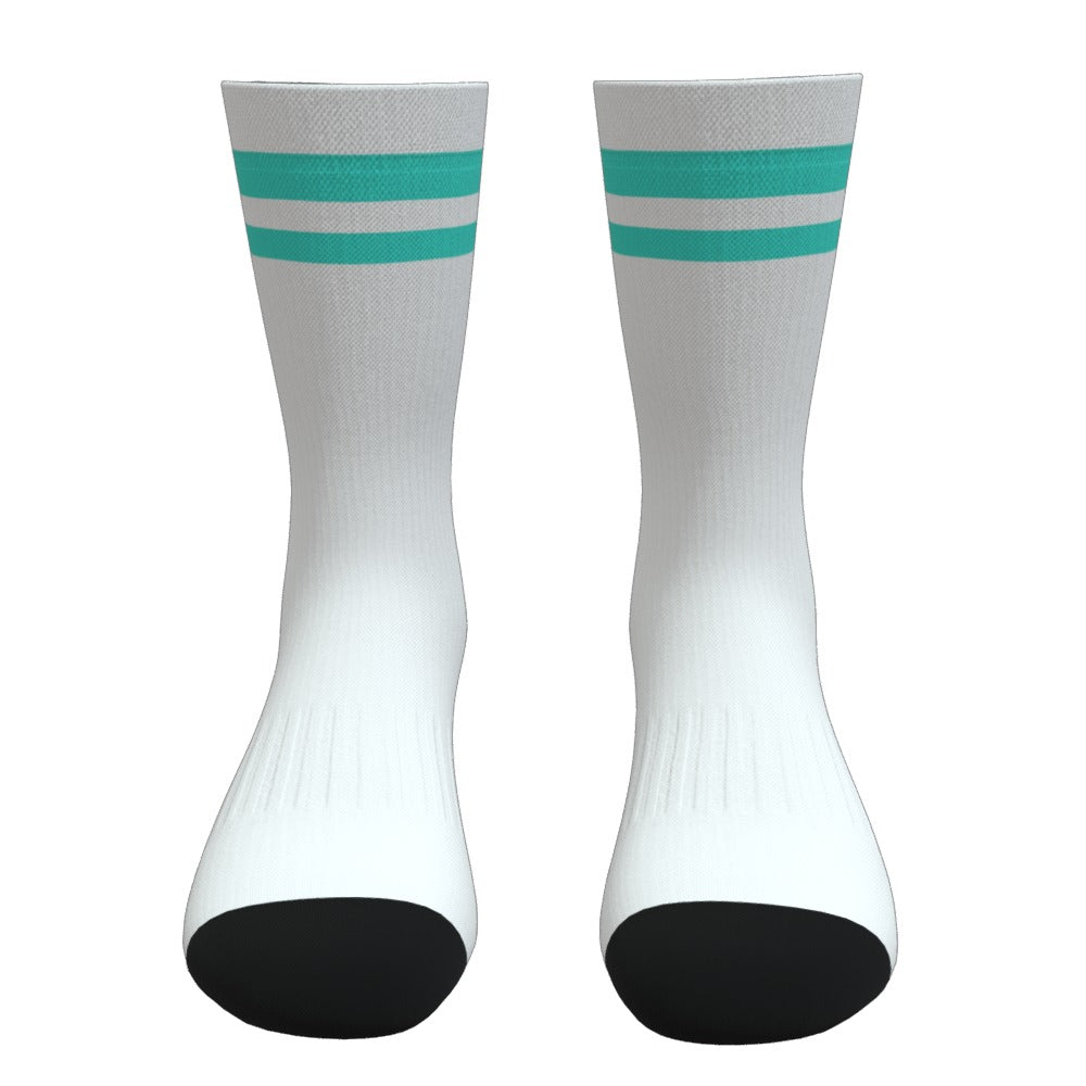 White and Turquoise Two Stripe Athletic Crew Socks