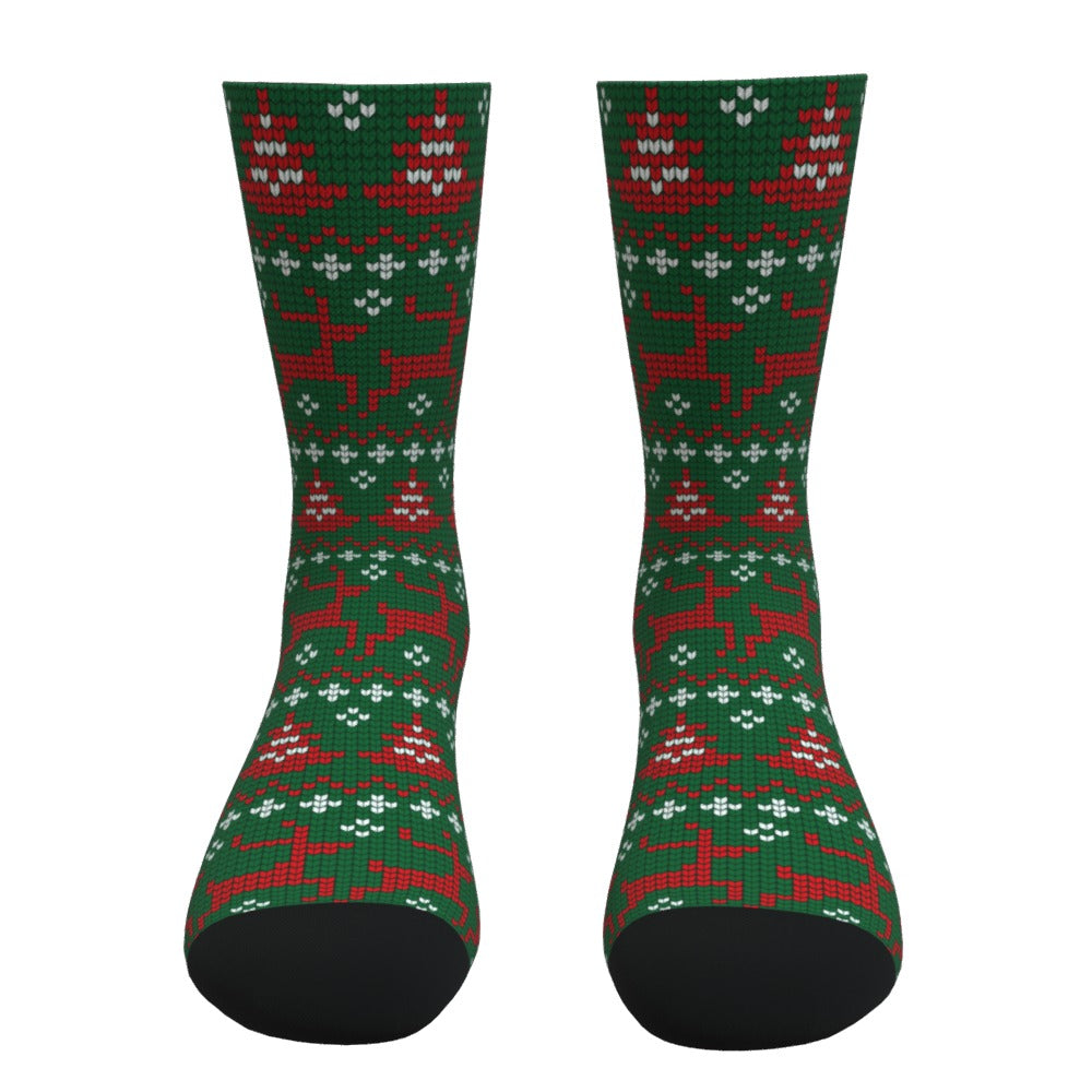 Green Red and White Reindeer Christmas Sweater Socks