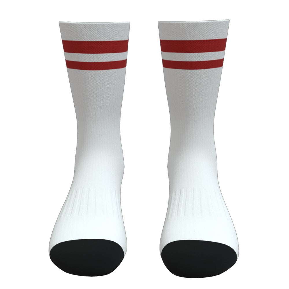 White and Dark Red Stripe Athletic Crew Socks