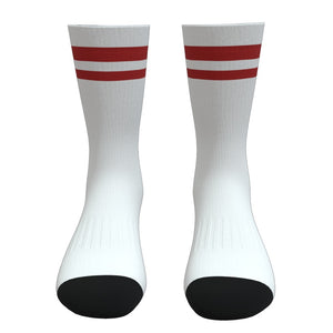 White and Dark Red Stripe Athletic Crew Socks