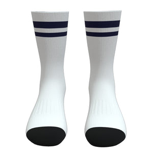 White and Navy Blue Two Stripe Athletic Crew Socks