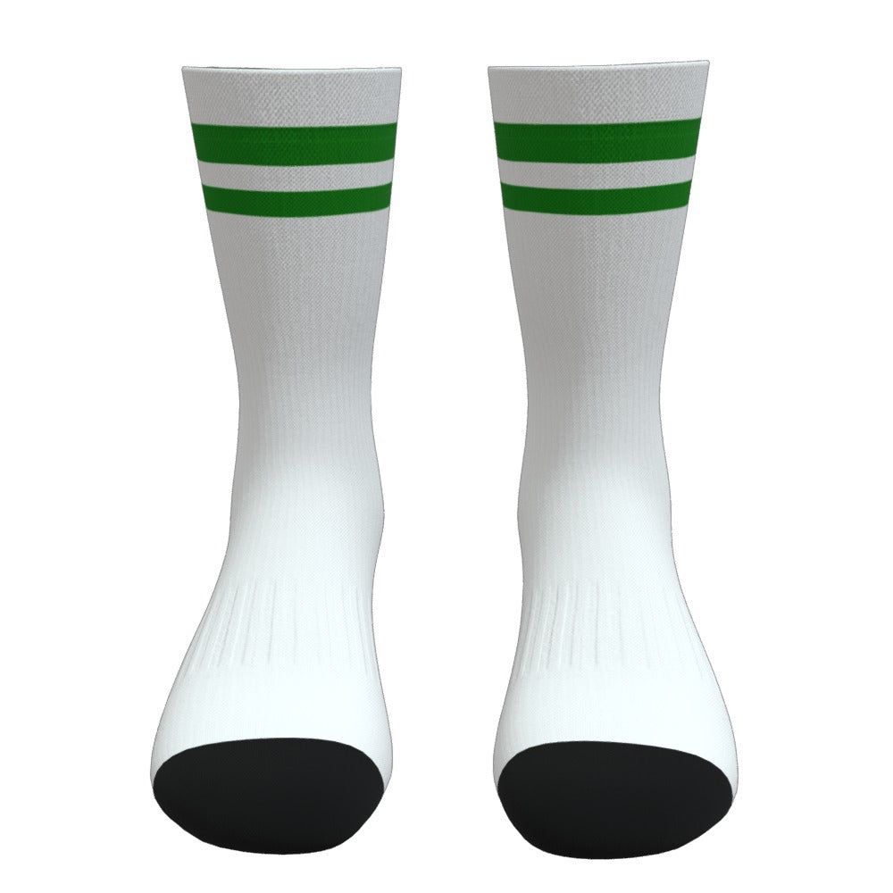 White and Green Two Stripe Athletic Crew Socks