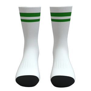 White and Green Two Stripe Athletic Crew Socks