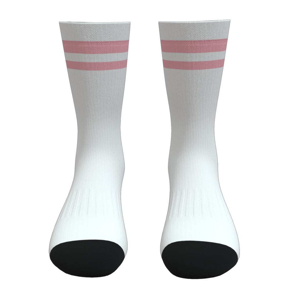 White and Coral Two Stripe Athletic Crew Socks
