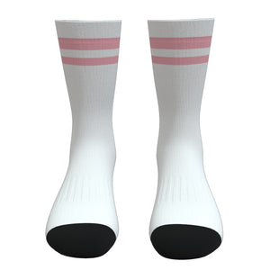 White and Coral Two Stripe Athletic Crew Socks