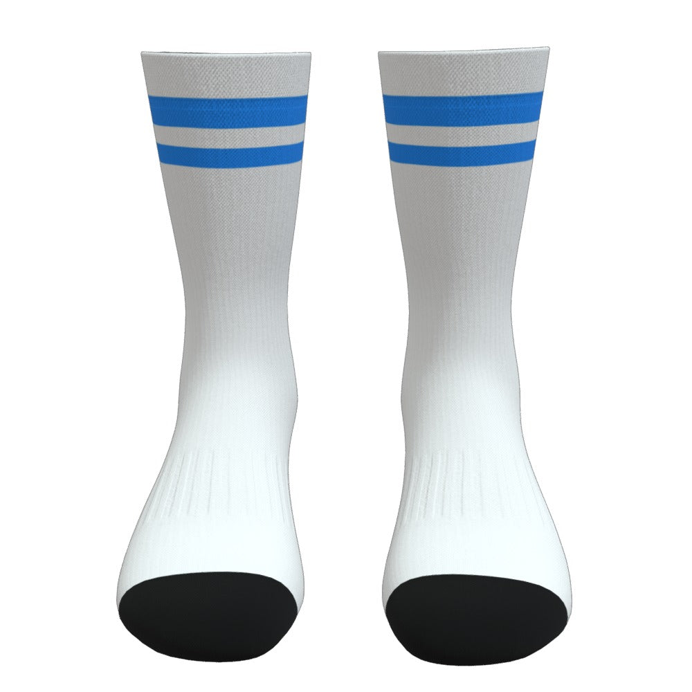 White and Light Blue Two Stripe Athletic Crew Socks