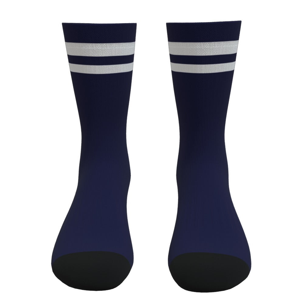 Navy Blue and White Two Stripe Athletic Crew Socks