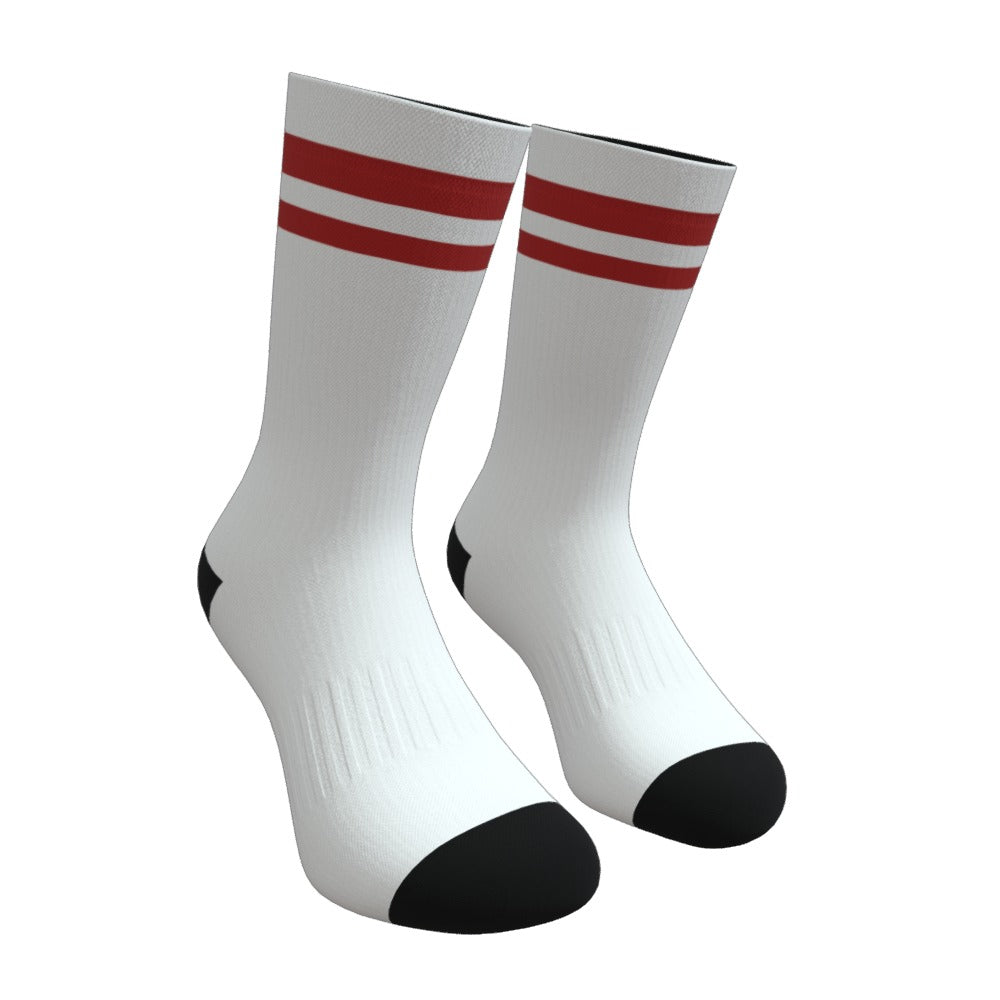 White and Dark Red Stripe Athletic Crew Socks