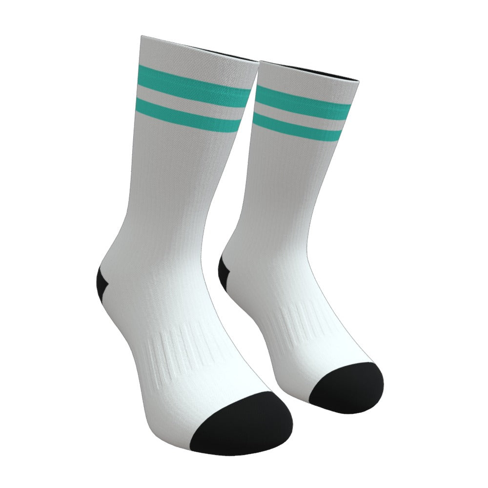 White and Turquoise Two Stripe Athletic Crew Socks