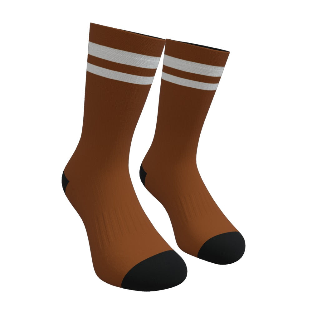 Brown and White Two Stripe Athletic Crew Socks