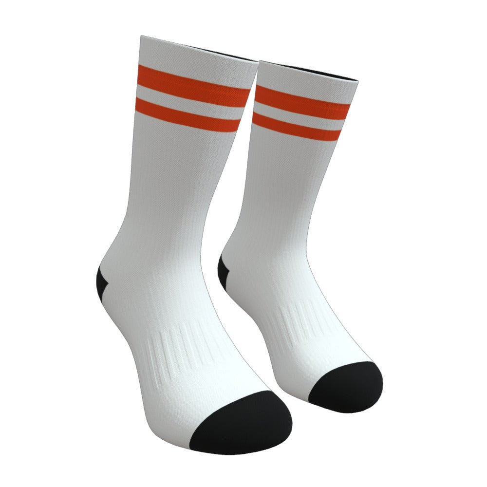 White and Orange Two Stripe Athletic Crew Socks