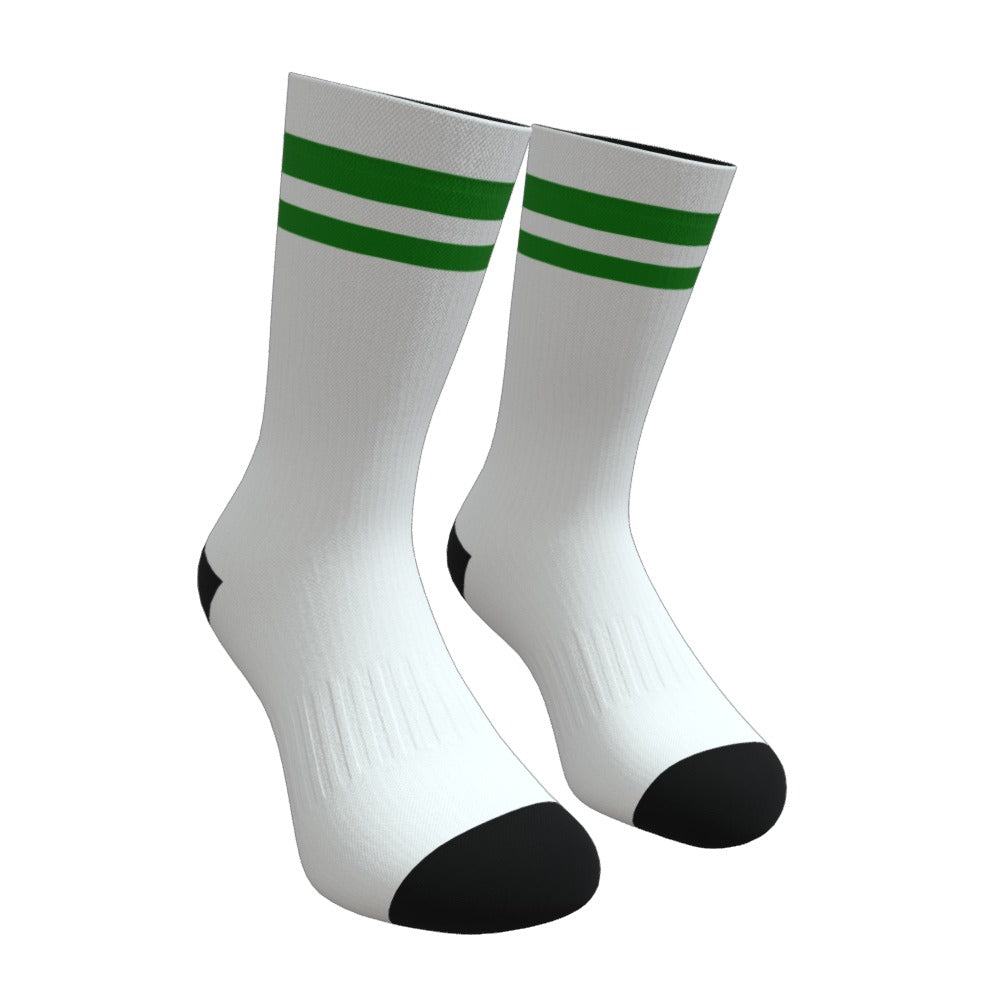 White and Green Two Stripe Athletic Crew Socks