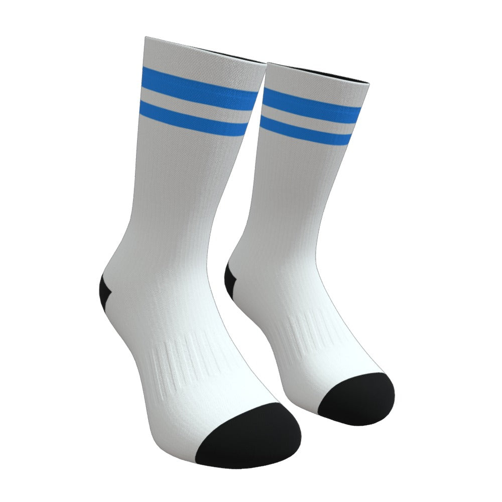 White and Light Blue Two Stripe Athletic Crew Socks