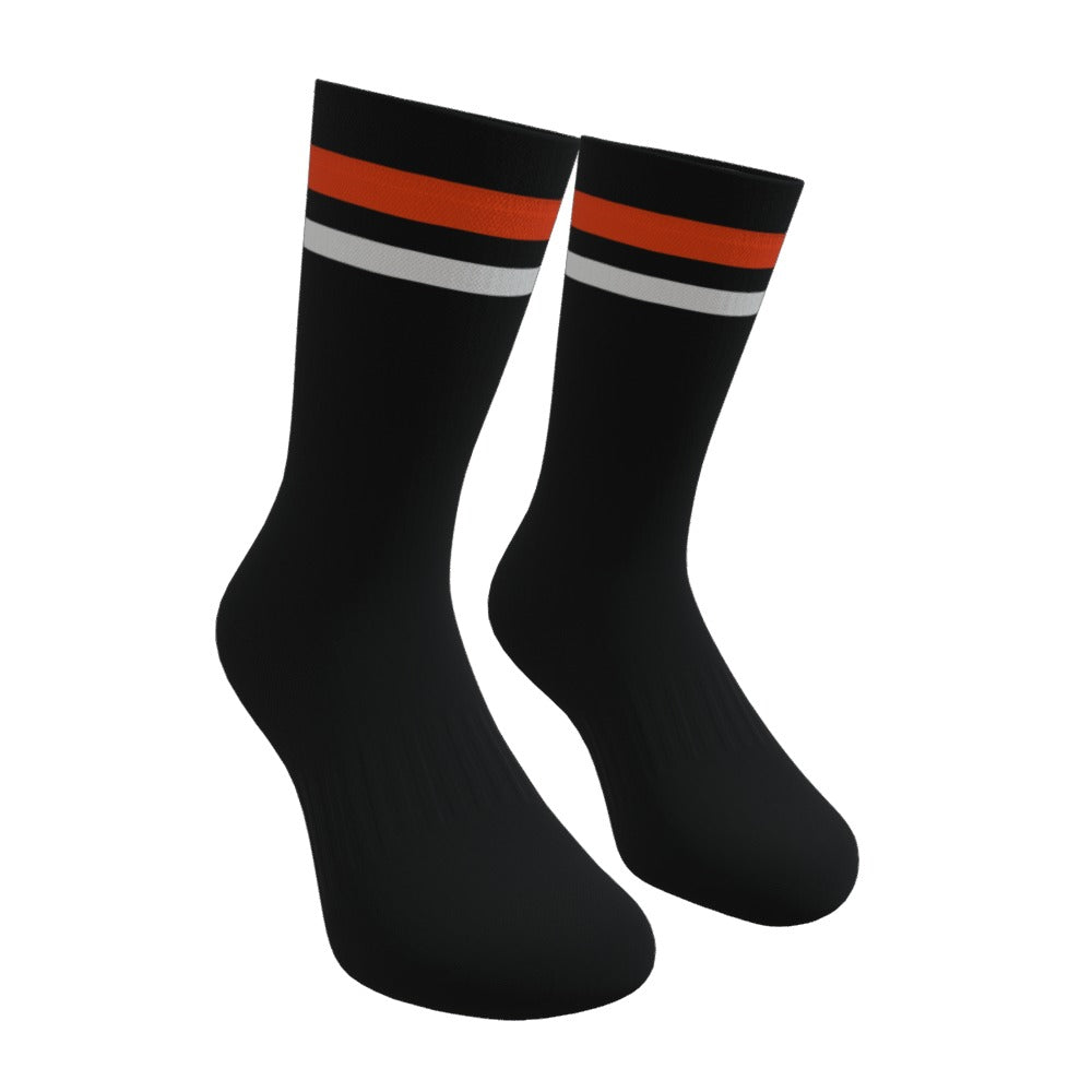 Black Orange and White Two Stripe Athletic Crew Socks