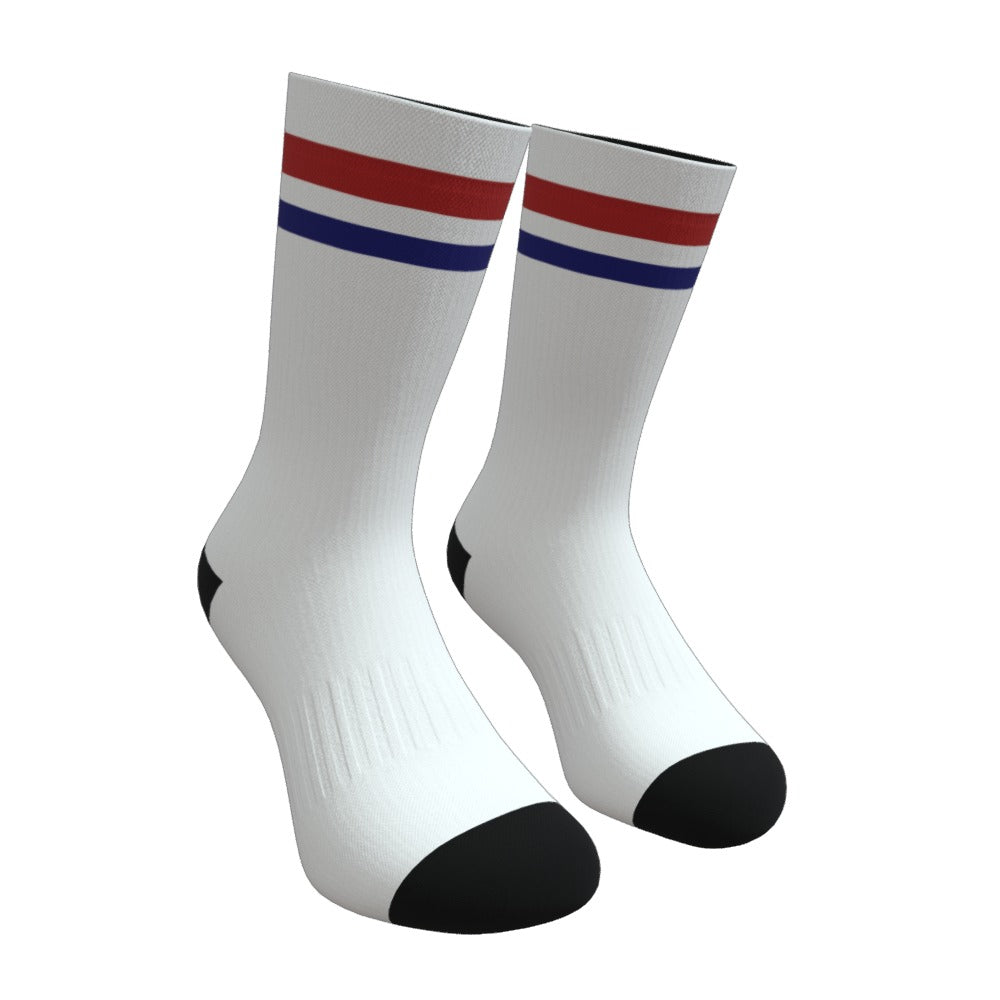 White Red and Blue Two Stripe Athletic Crew Socks