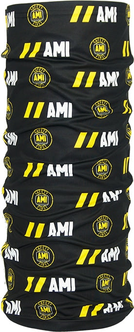 Black custom neck gaiter printed with a repeating yellow AMI company logo