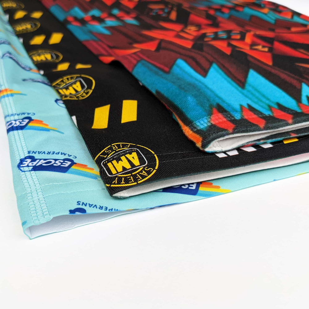 Lightweight, midweight, and heavyweight neck gaiters side by side