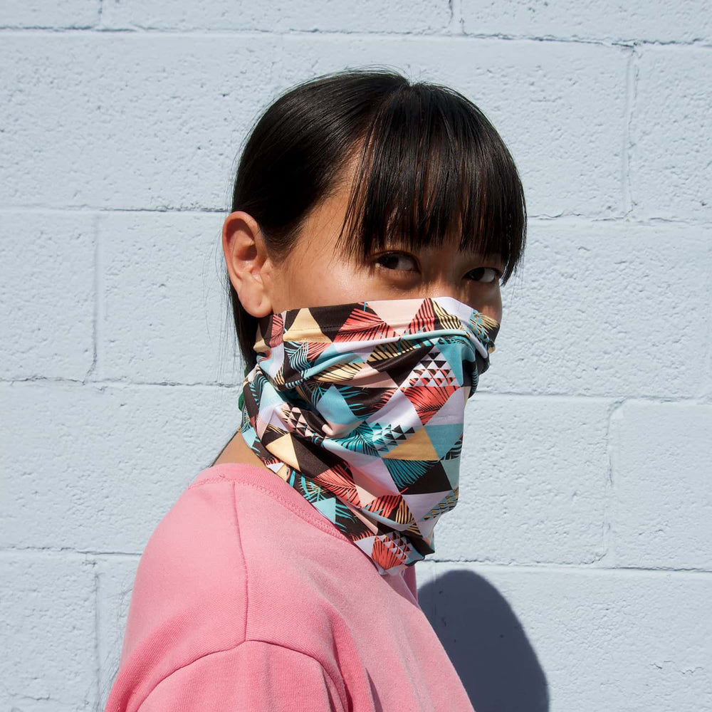 Lightweight custom neck gaiter being worn