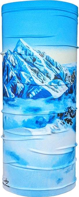Custom neck gaiter printed with a painted scene of snowy blue mountains