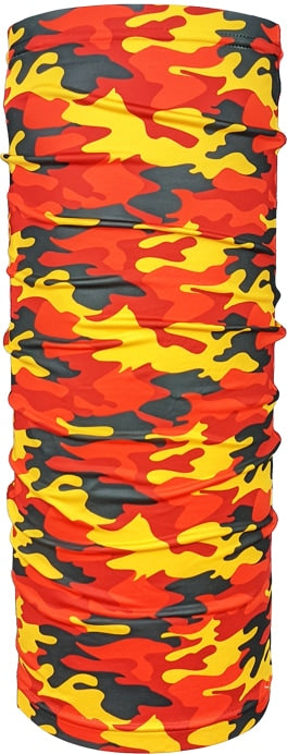 Custom neck gaiter printed in orange, yellow and black camouflage