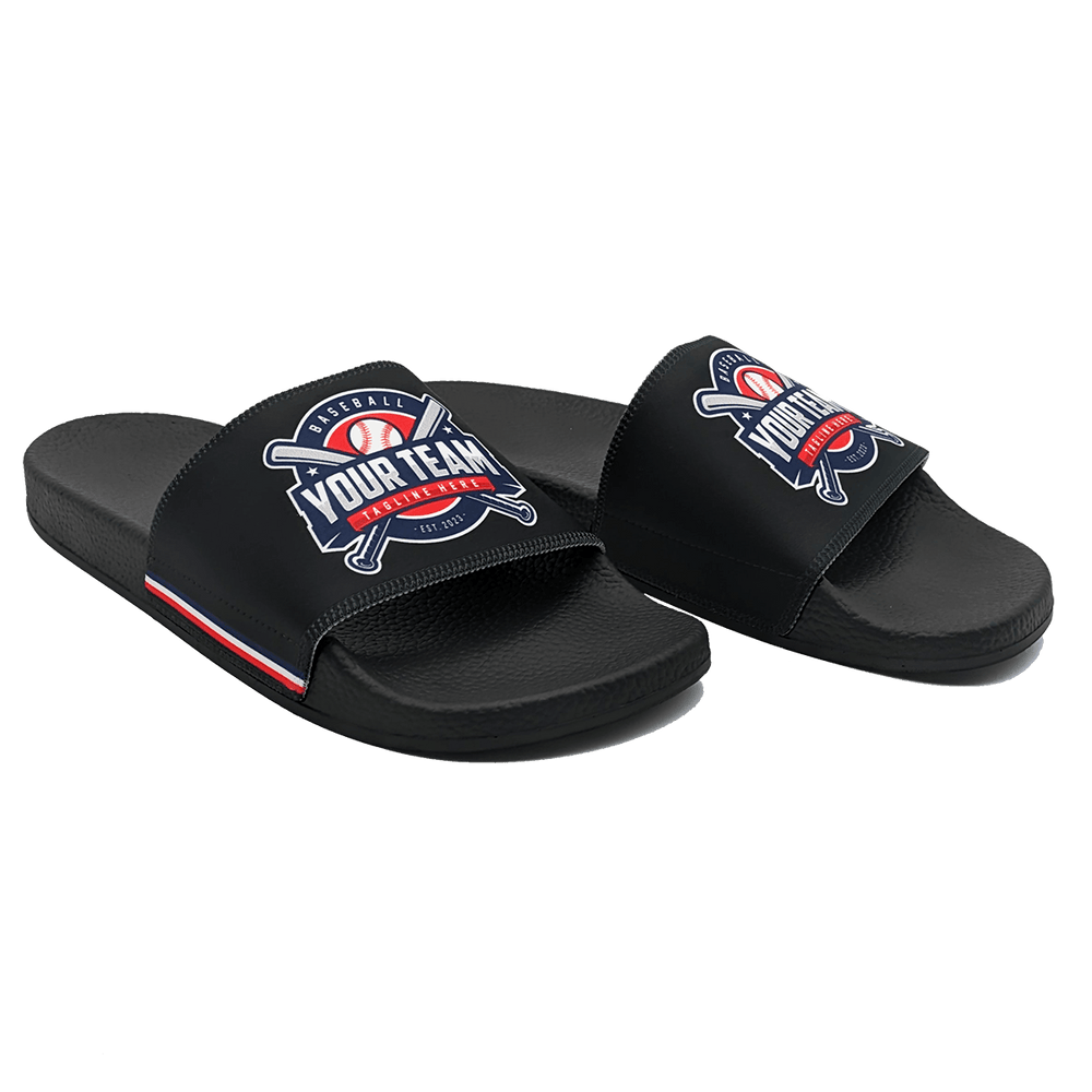 Black slide sandals with navy blue strap and a baseball team logo