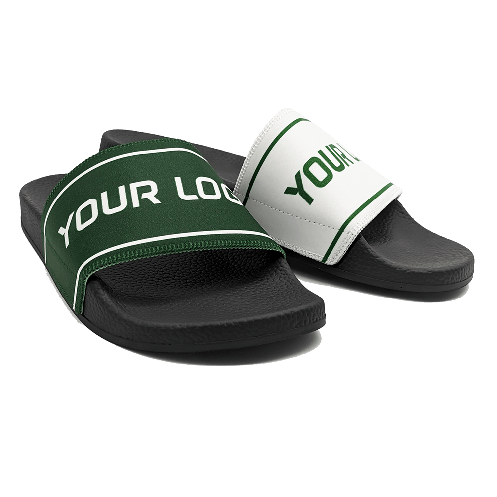Dark green and white slide sandals with 'Your Logo Here' text