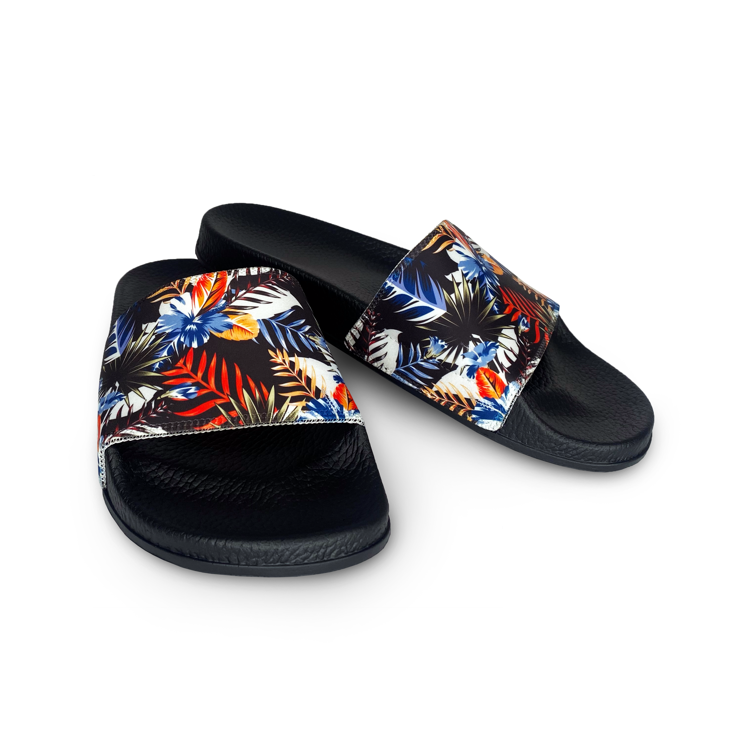 Black, Blue, and Orange Hawaiian Slide Sandals