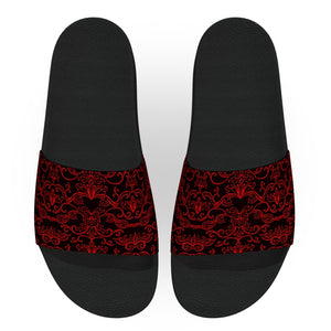 Black and Red Damask Pattern Slide Sandals