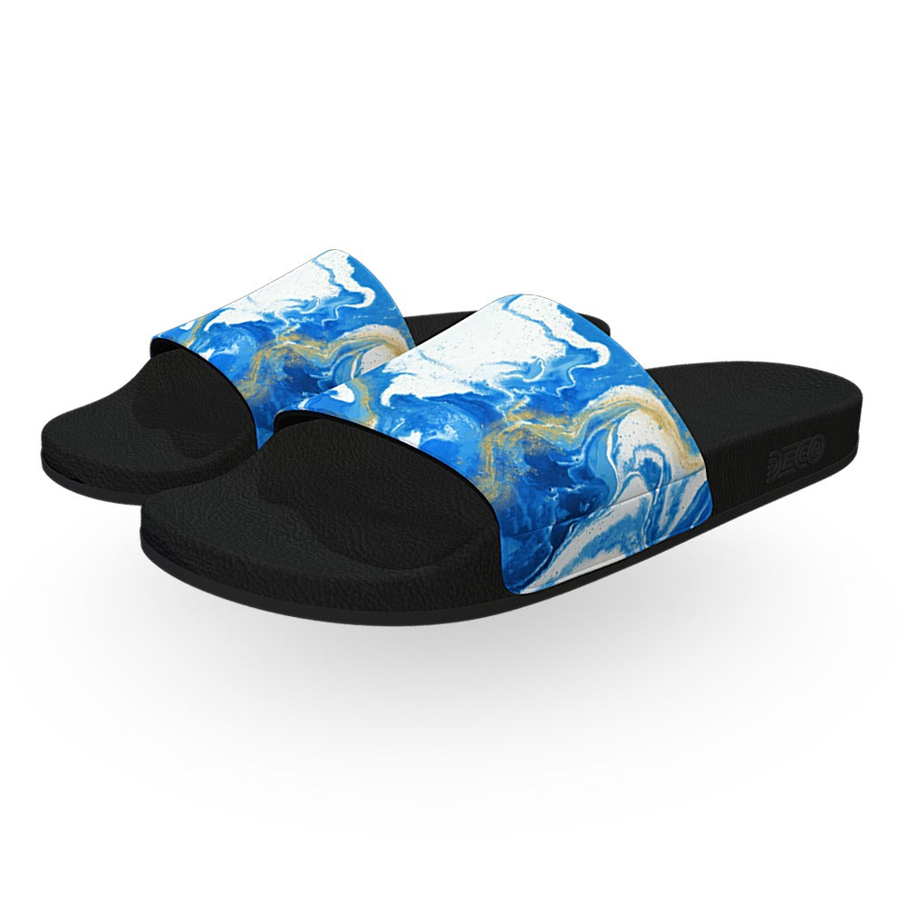 Blue and Gold Marble Drip Slide Sandals