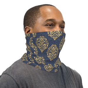 Blue And Gold Damask Pattern Neck Gaiter Face Mask