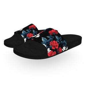 Black Red and White Flowers Slide Sandals